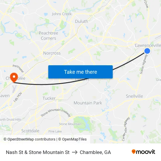 Nash St & Stone Mountain St to Chamblee, GA map