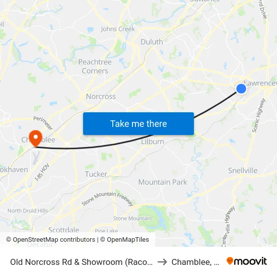 Old Norcross Rd & Showroom (Raco Dr) to Chamblee, GA map