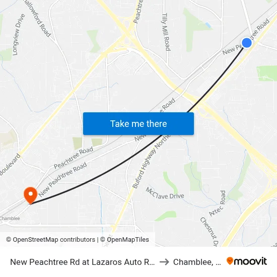New Peachtree Rd at Lazaros Auto Rep Ib to Chamblee, GA map