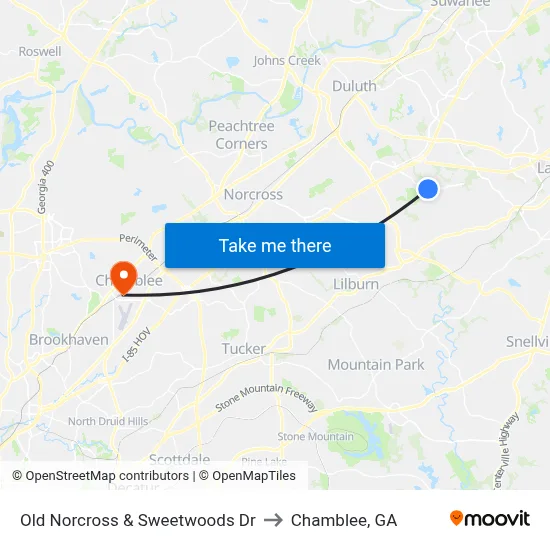 Old Norcross & Sweetwoods Dr to Chamblee, GA map