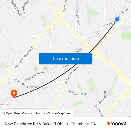 New Peachtree Rd & Oakcliff Ob to Chamblee, GA map