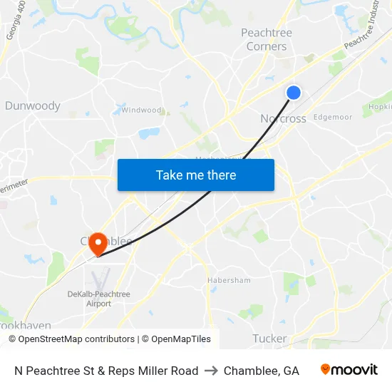 N Peachtree St & Reps Miller Road to Chamblee, GA map