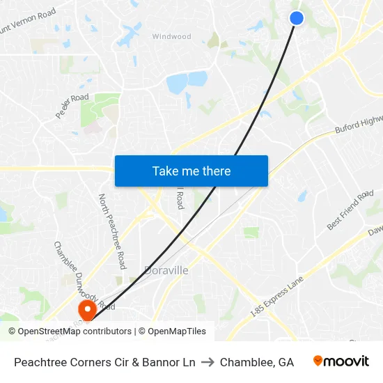 Peachtree Corners Cir & Bannor Ln to Chamblee, GA map