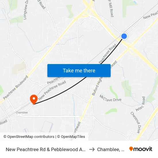 New Peachtree Rd & Pebblewood Apts to Chamblee, GA map
