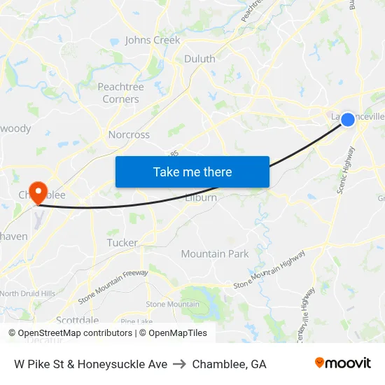 W Pike St & Honeysuckle Ave to Chamblee, GA map