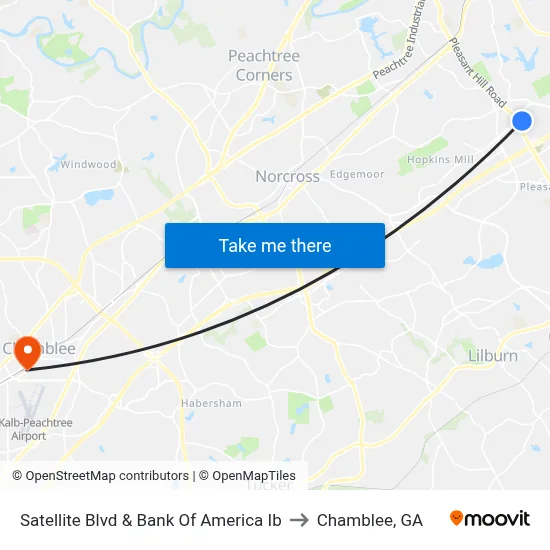 Satellite Blvd & Bank Of America Ib to Chamblee, GA map