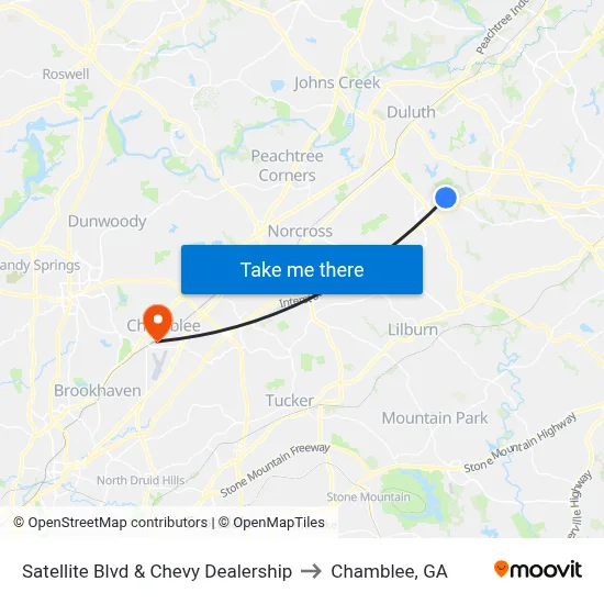 Satellite Blvd & Chevy Dealership to Chamblee, GA map