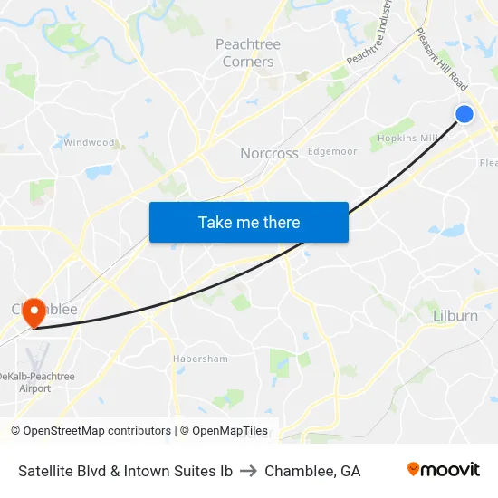 Satellite Blvd & Intown Suites Ib to Chamblee, GA map