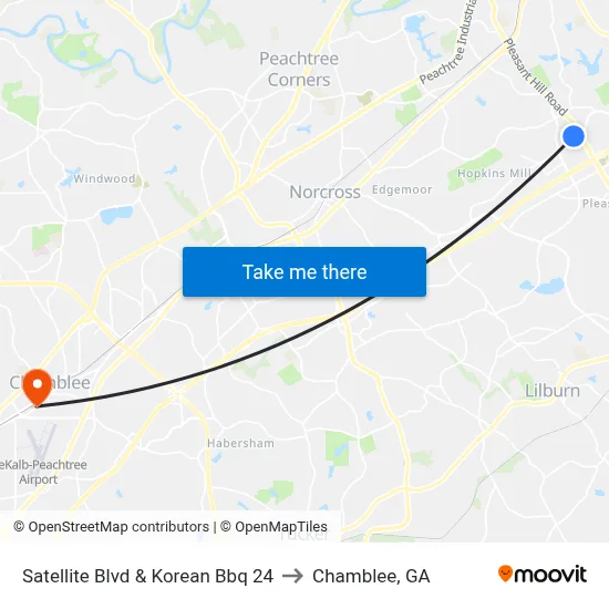 Satellite Blvd & Korean Bbq 24 to Chamblee, GA map