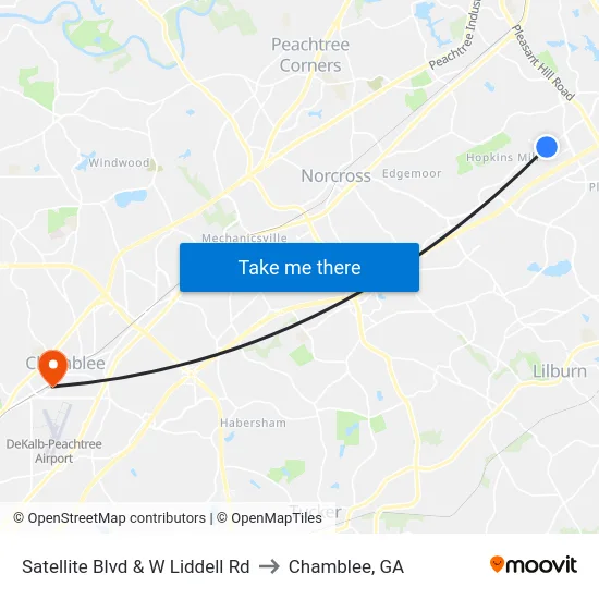 Satellite Blvd & W Liddell Rd to Chamblee, GA map