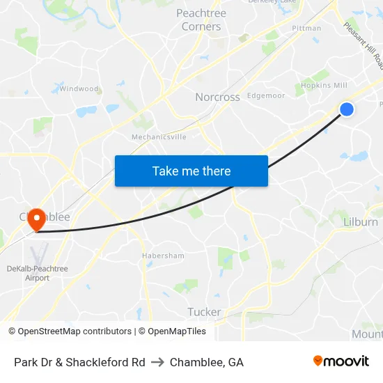 Park Dr & Shackleford Rd to Chamblee, GA map