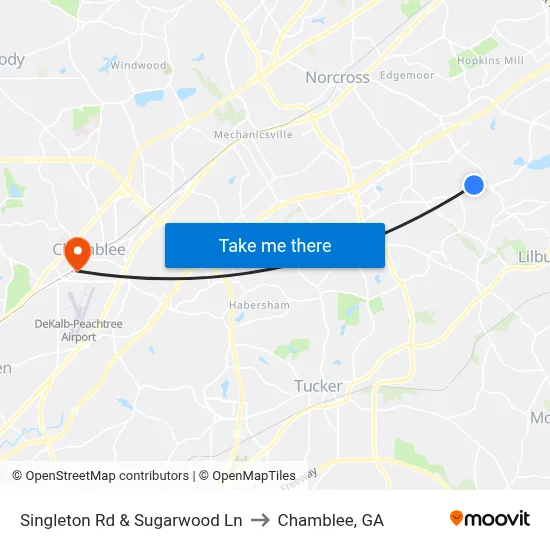 Singleton Rd & Sugarwood Ln to Chamblee, GA map