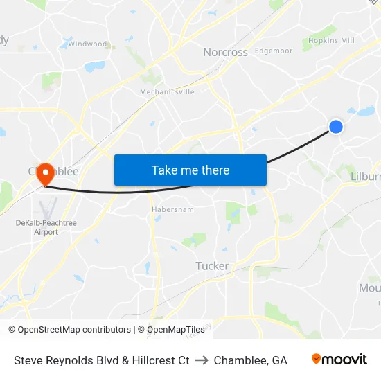Steve Reynolds Blvd & Hillcrest Ct to Chamblee, GA map