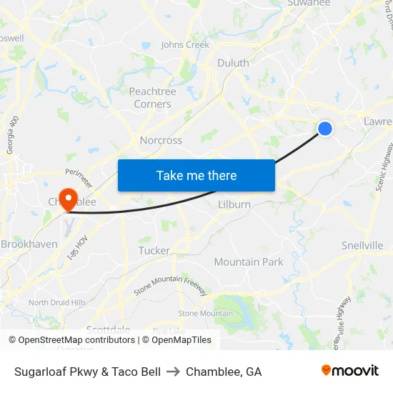 Sugarloaf Pkwy & Taco Bell to Chamblee, GA map