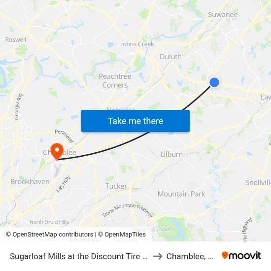 Sugarloaf Mills at the Discount Tire Co to Chamblee, GA map