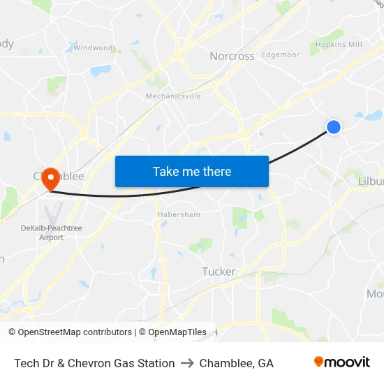 Tech Dr & Chevron Gas Station to Chamblee, GA map