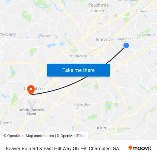 Beaver Ruin Rd & East Hill Way Ob to Chamblee, GA map
