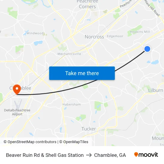 Beaver Ruin Rd & Shell Gas Station to Chamblee, GA map