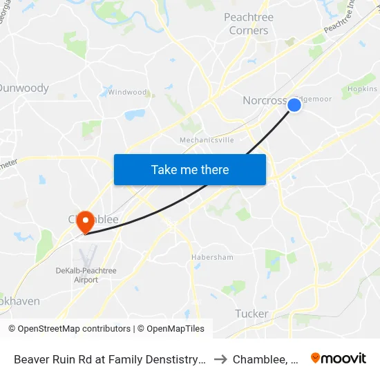 Beaver Ruin Rd at Family Denstistry Ib to Chamblee, GA map