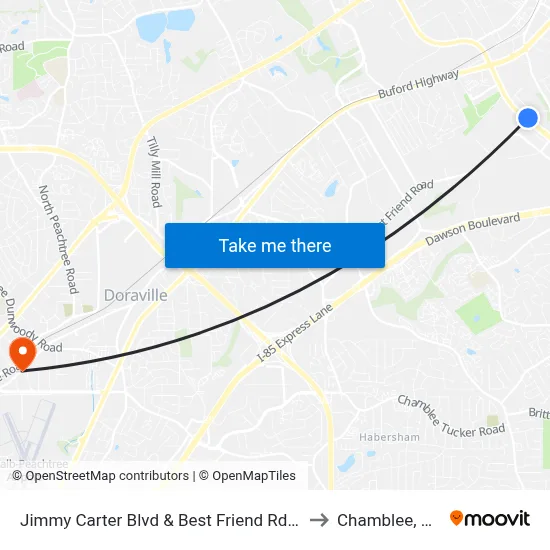 Jimmy Carter Blvd & Best Friend Rd Ib to Chamblee, GA map