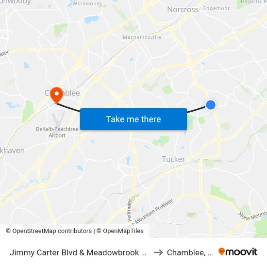 Jimmy Carter Blvd & Meadowbrook Dr Ob to Chamblee, GA map