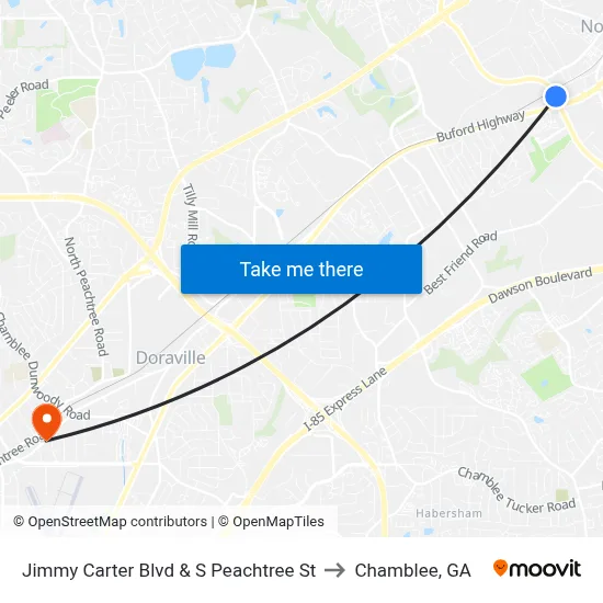 Jimmy Carter Blvd & S Peachtree St to Chamblee, GA map