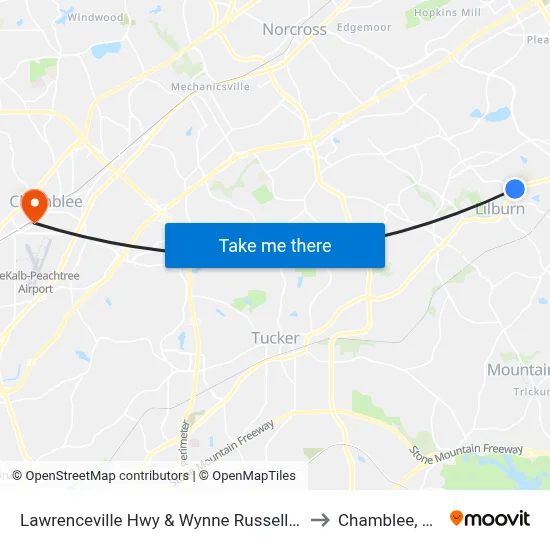 Lawrenceville Hwy & Wynne Russell Dr to Chamblee, GA map