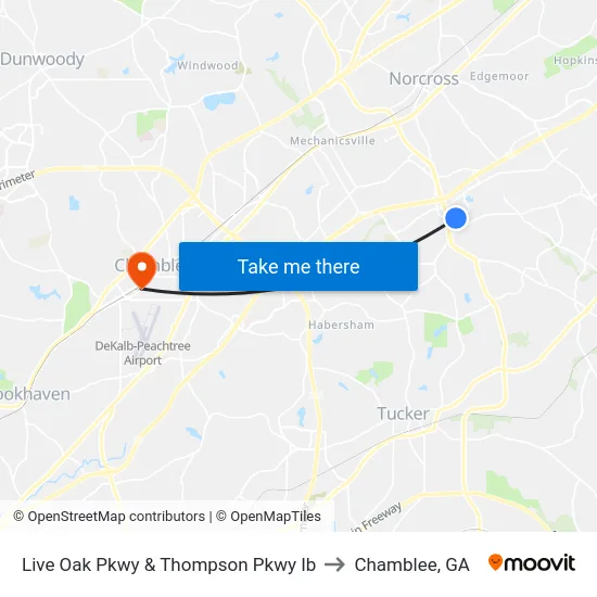 Live Oak Pkwy & Thompson Pkwy Ib to Chamblee, GA map