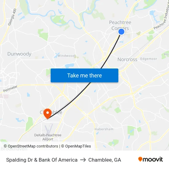 Spalding Dr & Bank Of America to Chamblee, GA map