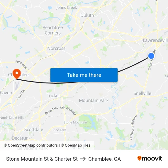 Stone Mountain St & Charter St to Chamblee, GA map
