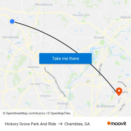 Hickory Grove Park And Ride to Chamblee, GA map
