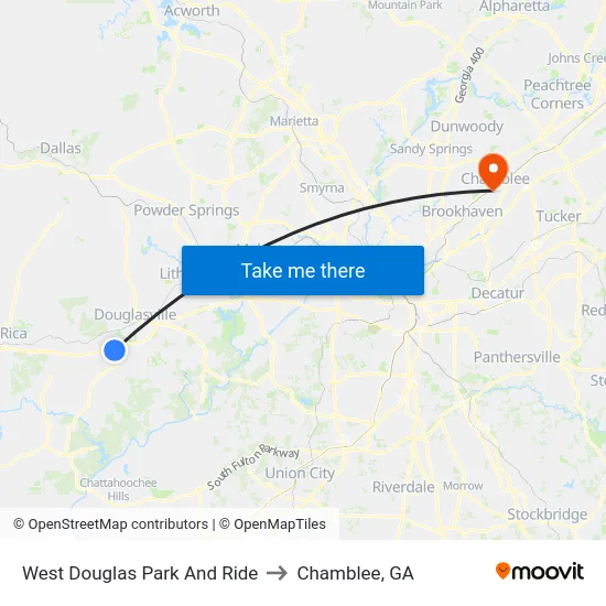 West Douglas Park And Ride to Chamblee, GA map