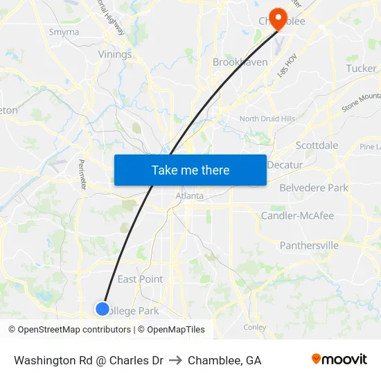 Washington Rd @ Charles Dr to Chamblee, GA map