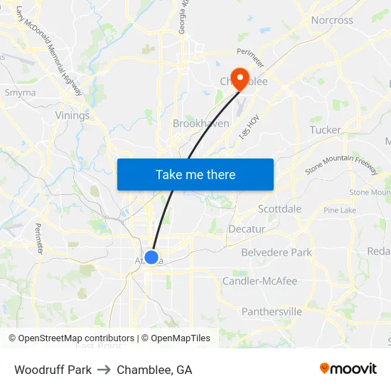 Woodruff Park to Chamblee, GA map