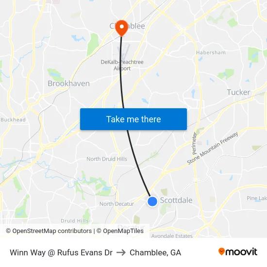 Winn Way @ Rufus Evans Dr to Chamblee, GA map
