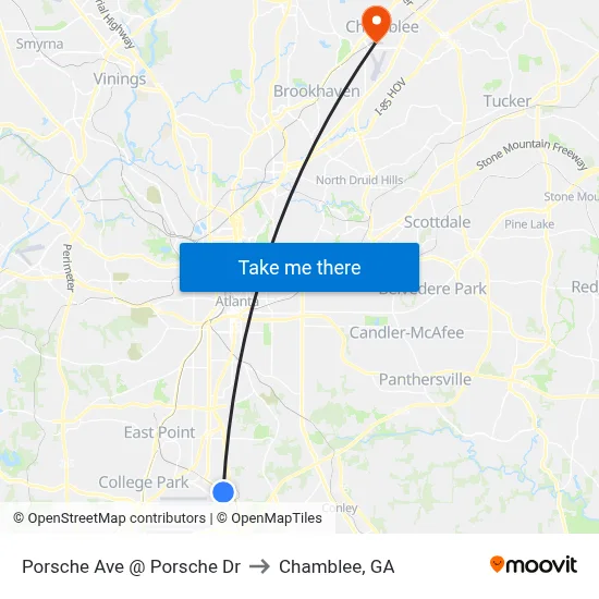 Porsche Ave @ Porsche Dr to Chamblee, GA map