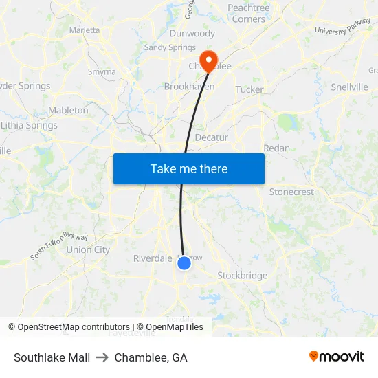 Southlake Mall to Chamblee, GA map