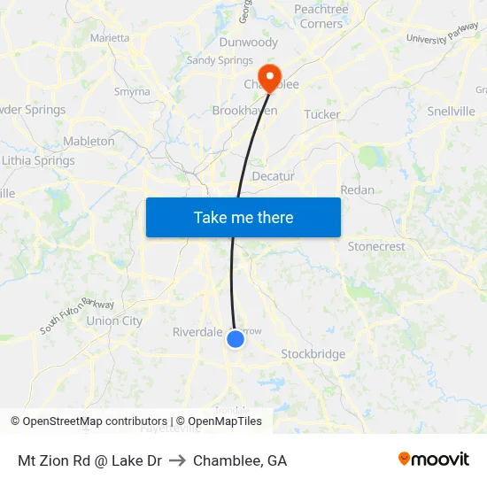 Mt Zion Rd @ Lake Dr to Chamblee, GA map