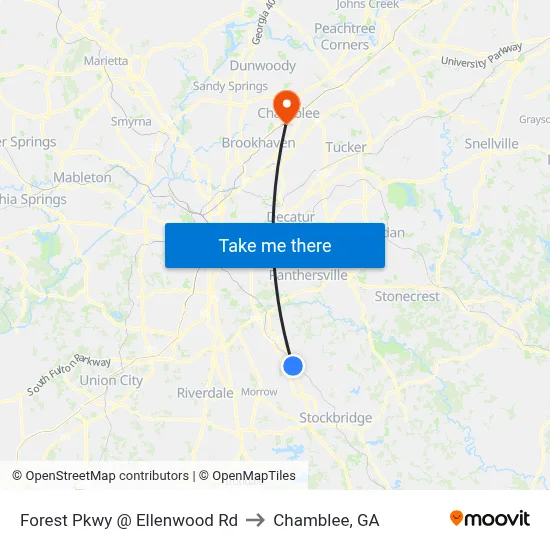 Forest Pkwy @ Ellenwood Rd to Chamblee, GA map