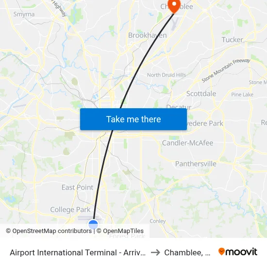 Airport International Terminal - Arrivals to Chamblee, GA map