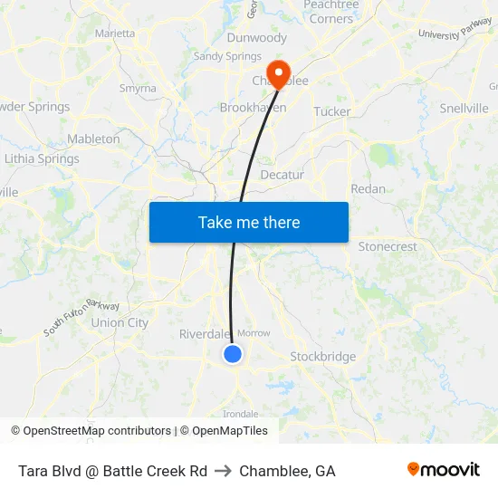 Tara Blvd @ Battle Creek Rd to Chamblee, GA map