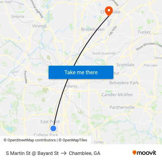 S Martin St @ Bayard St to Chamblee, GA map