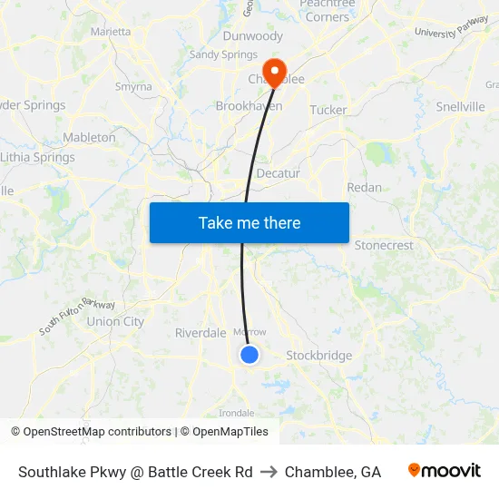 Southlake Pkwy @ Battle Creek Rd to Chamblee, GA map