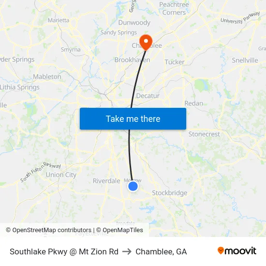 Southlake Pkwy @ Mt Zion Rd to Chamblee, GA map