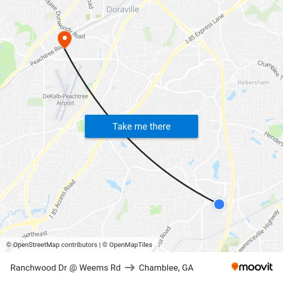 Ranchwood Dr @ Weems Rd to Chamblee, GA map