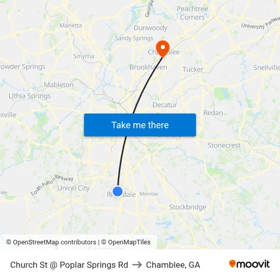 Church St @ Poplar Springs Rd to Chamblee, GA map