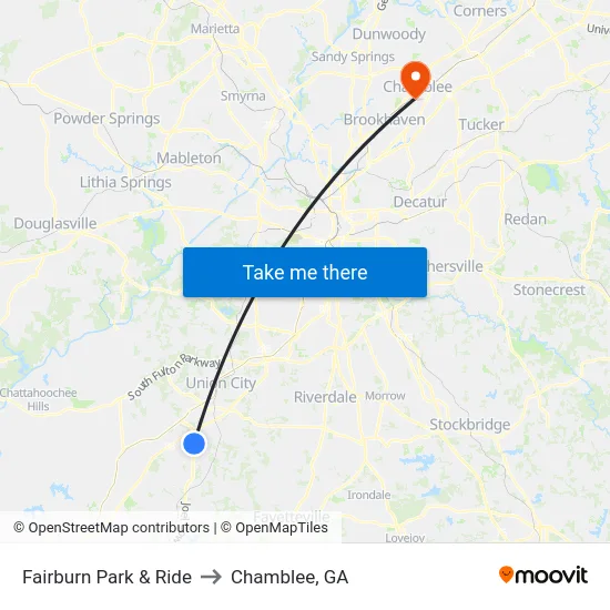 Fairburn Park & Ride to Chamblee, GA map