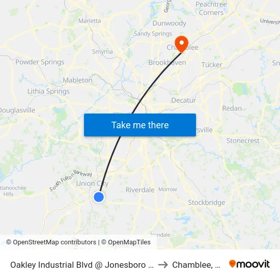 Oakley Industrial Blvd @ Jonesboro Rd to Chamblee, GA map