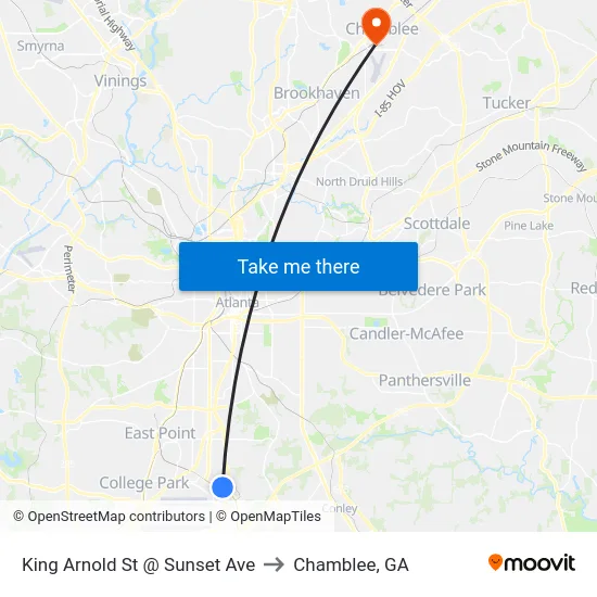 King Arnold St @ Sunset Ave to Chamblee, GA map