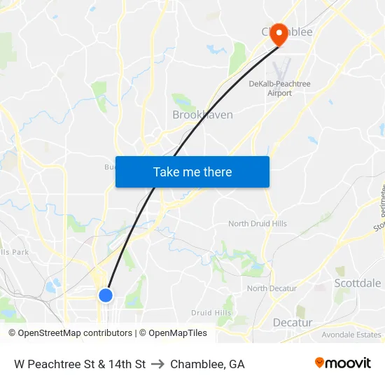 W Peachtree St & 14th St to Chamblee, GA map